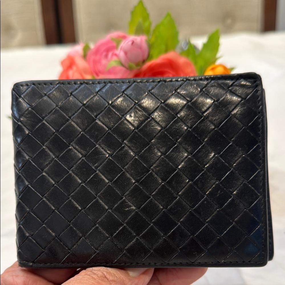 Authentic Bottega Veneta Black Woven Leather Wallet